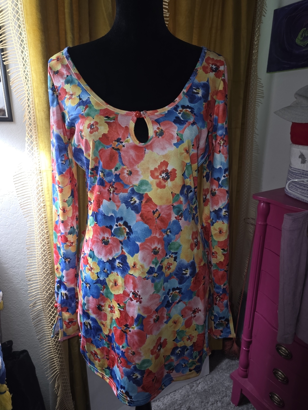 Floral Scoop-Neck Long Sleeve Dress in Multicolor XL